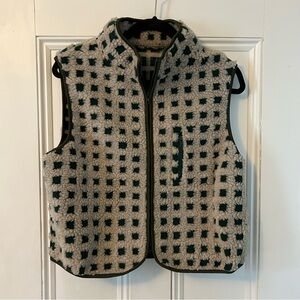 NEW Green Beige Checkered Faux Sherpa Fleece Vest
